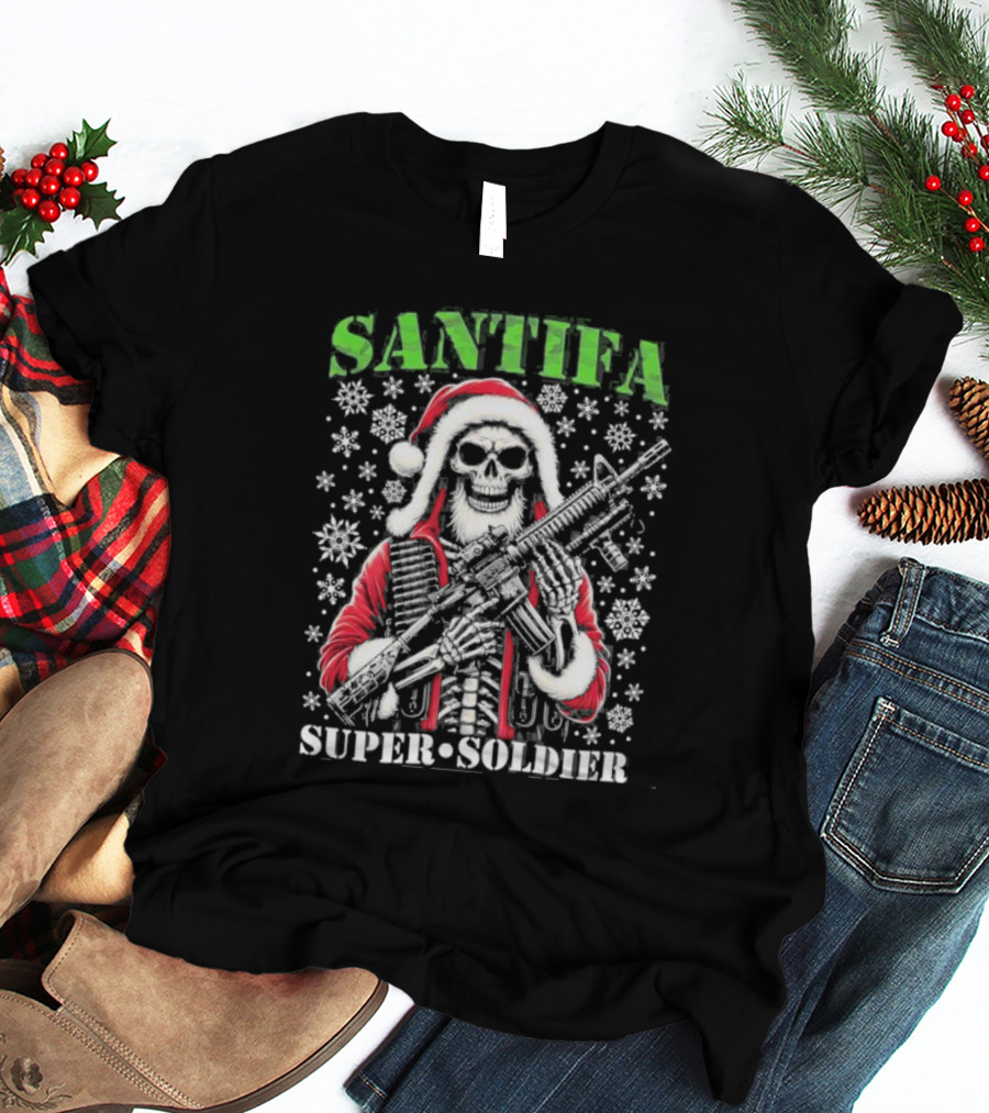 Santifa Super Soldier Skeleton Santa With Snowflakes And Rifle T-Shirt