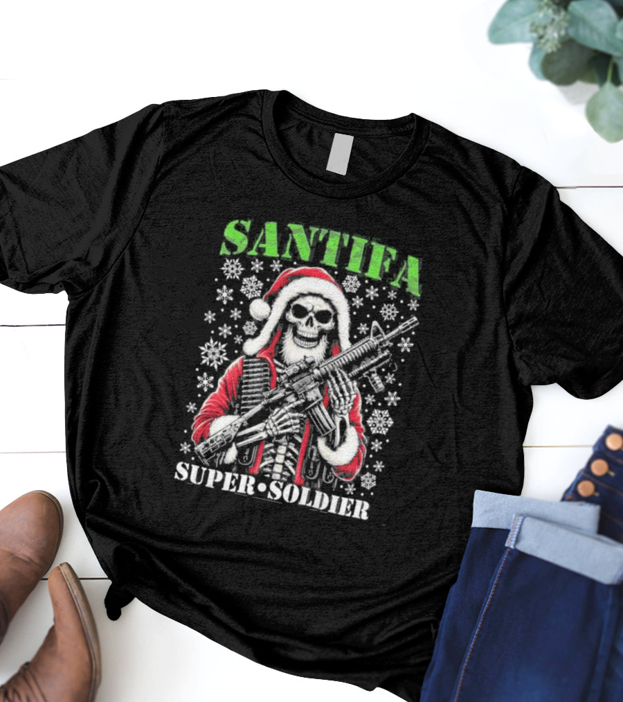 Santifa Super Soldier Skeleton Santa With Snowflakes And Rifle T-Shirt