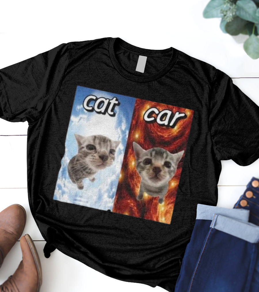 Cat Car Cringey Showdown In Cosmic Clouds And Fiery Vortex T-Shirt