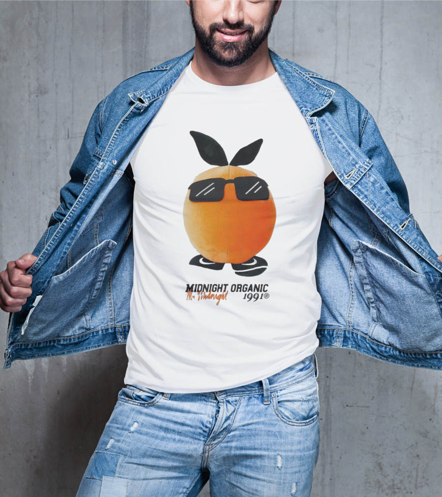 Midnight Organic Mr. Midnight 1991 Orange Character With Sunglasses T-Shirt