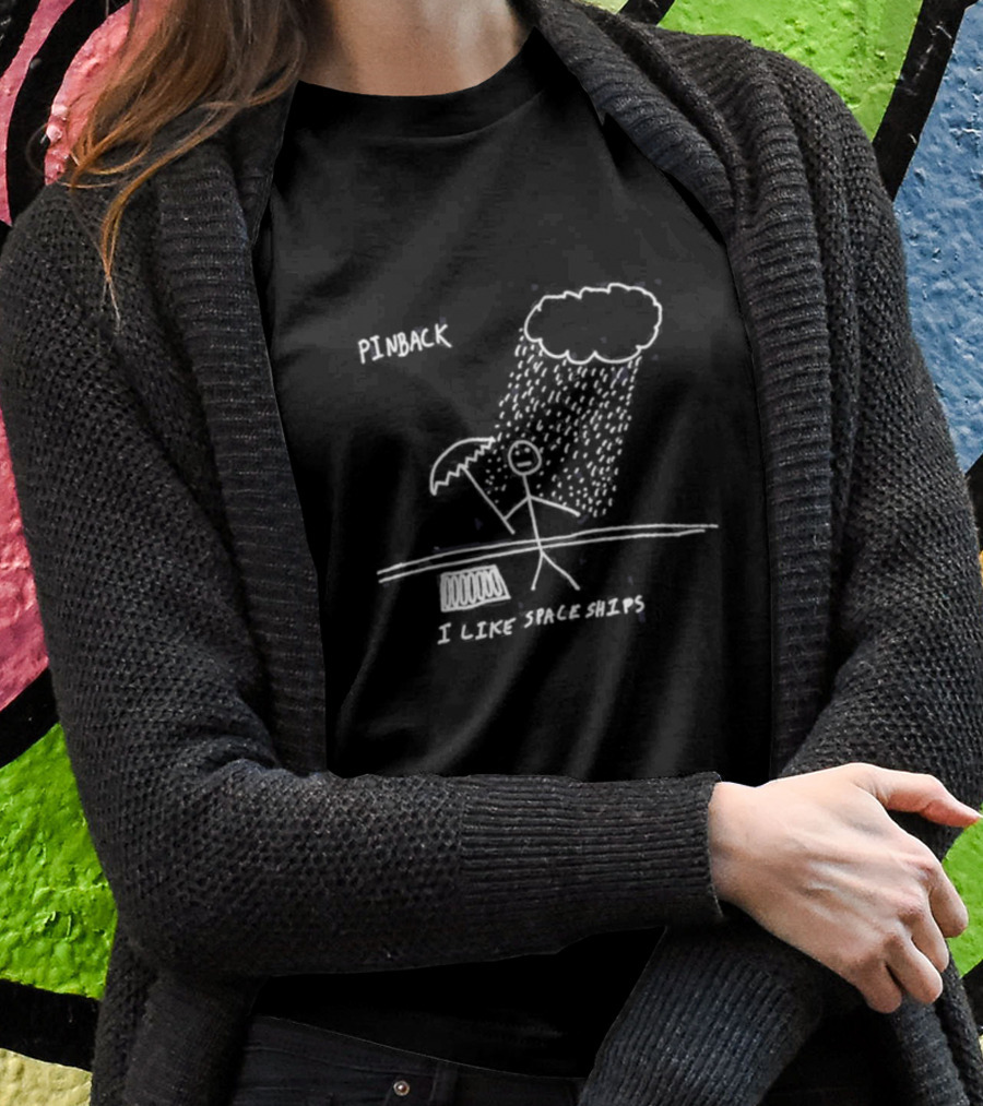 Pinback I Like Spaceships Stick Figure Standing In Rain With Umbrella T-Shirt