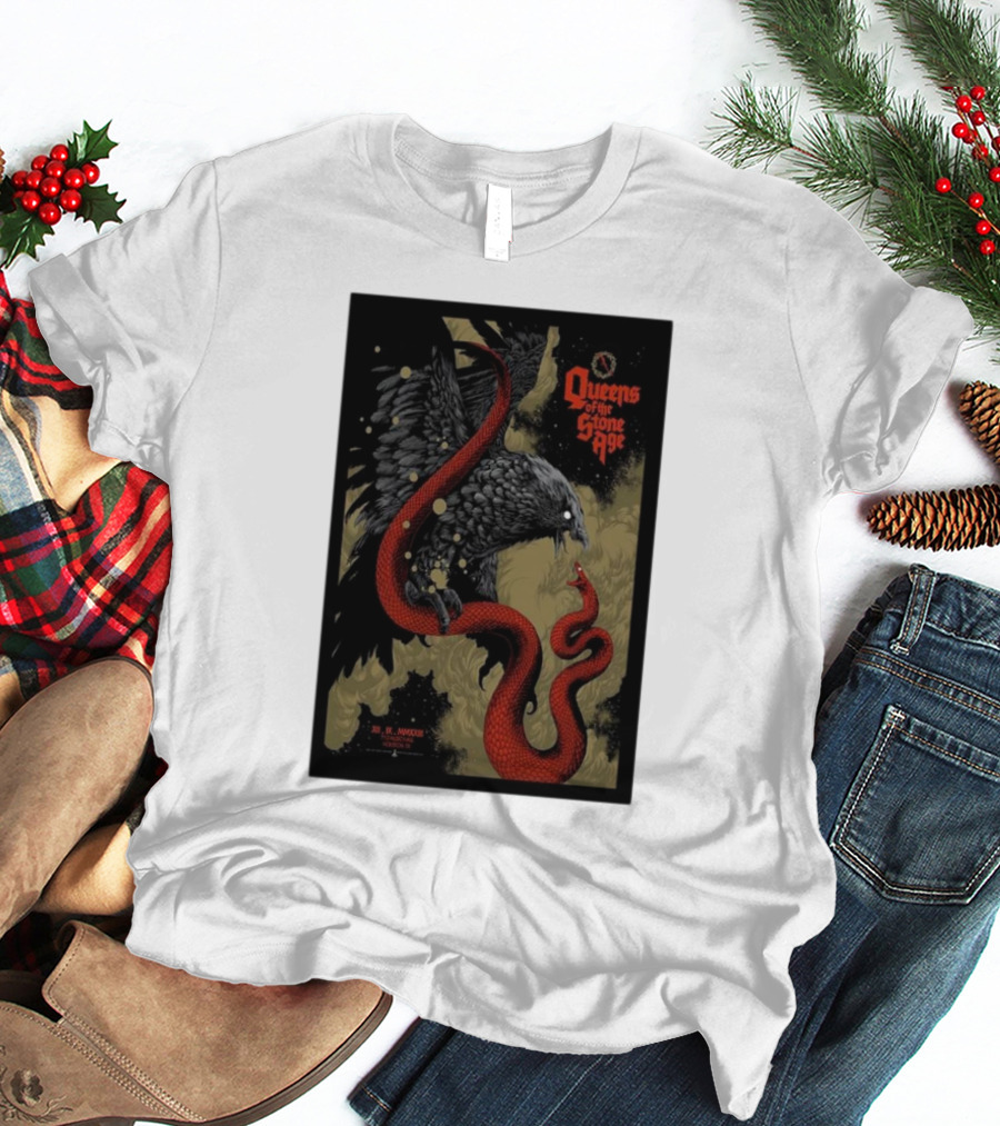 Queens Of The Stone Age R Mederos Art With Red Snake And Black Bird December 9 T-Shirt