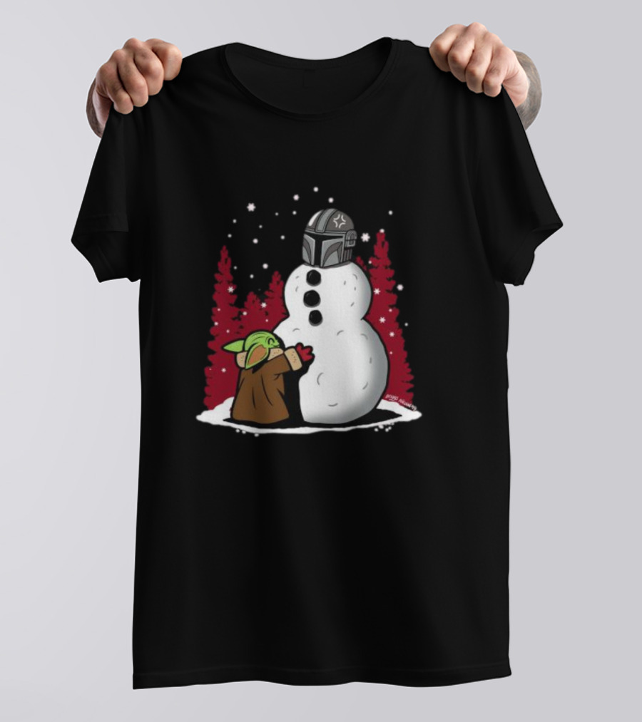 The Best Snowman In The Parsec Yoda Hugs Snowman Mandalorian Helmet Snow Star Wars T-Shirt
