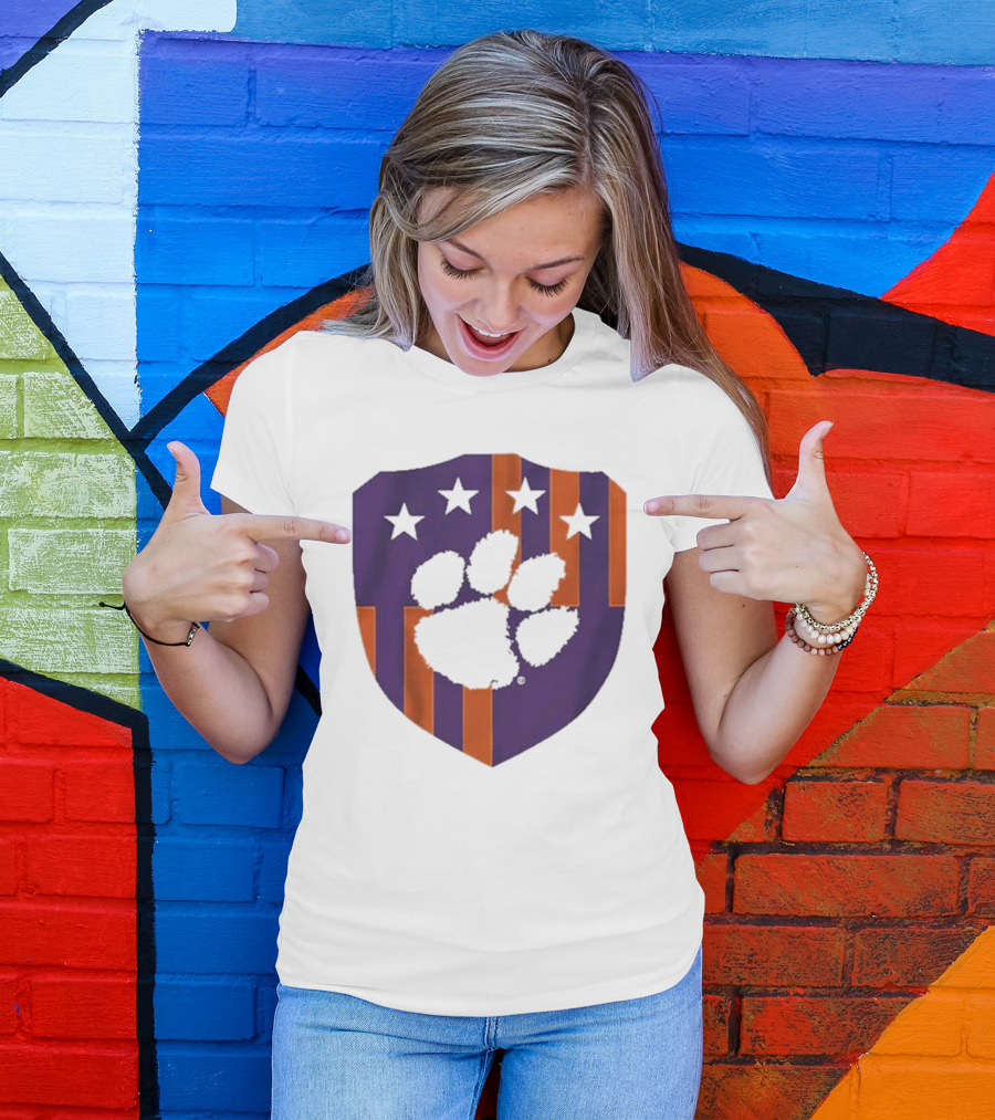 Clemson United Paw Print Shield With Four Stars Orange And Purple T-Shirt