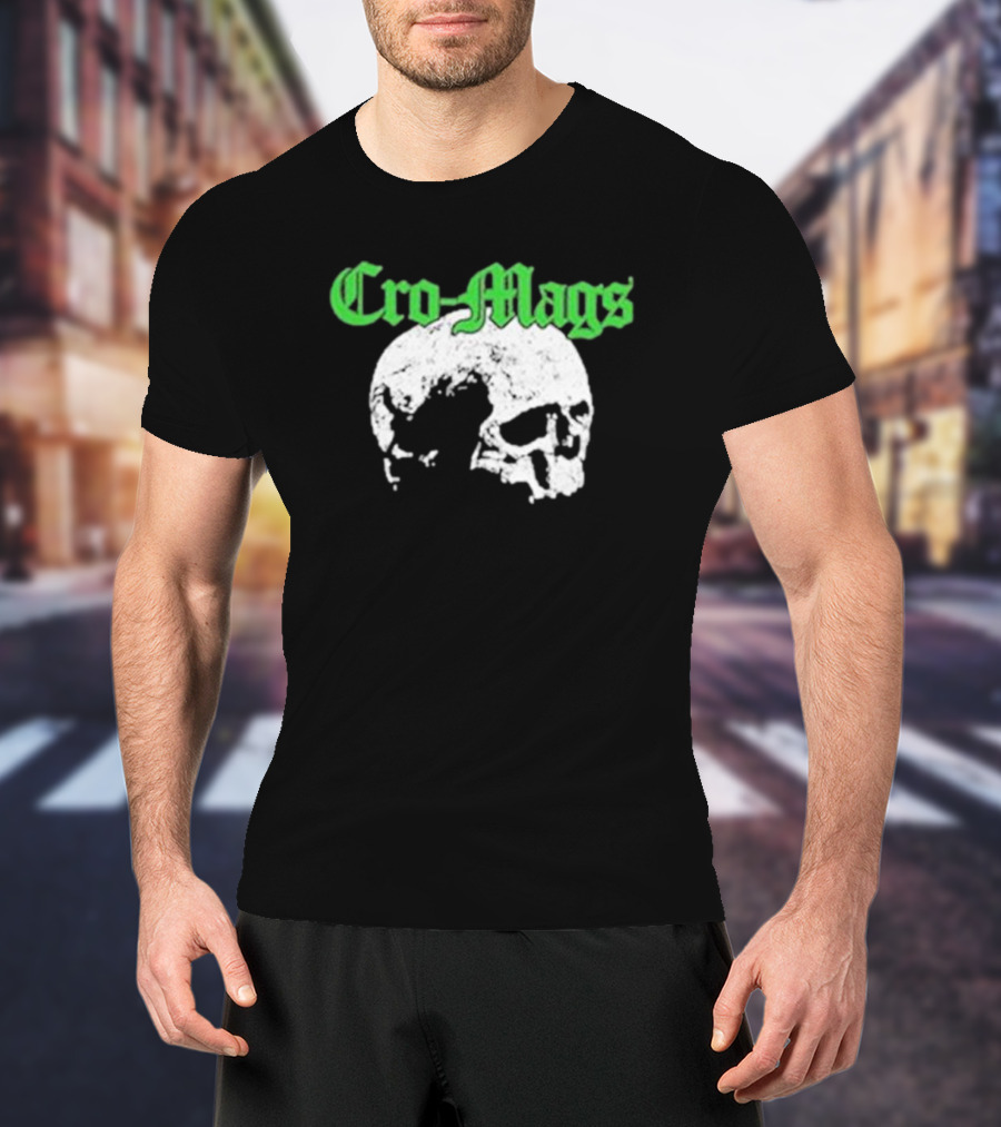 Cro Mags Green Text White Skull T-Shirt