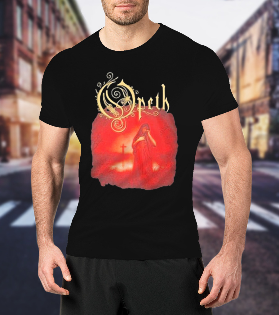 Opeth Still Life Gothic Red Cloaked Figure And Cross T-Shirt
