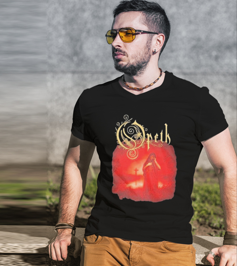 Opeth Still Life Gothic Red Cloaked Figure And Cross T-Shirt