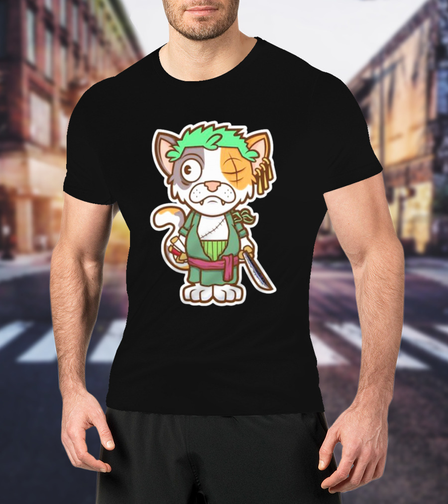 Roronoa Lingling Cat Pirate Anime Character Sword Green Hair Eye Patch T-Shirt