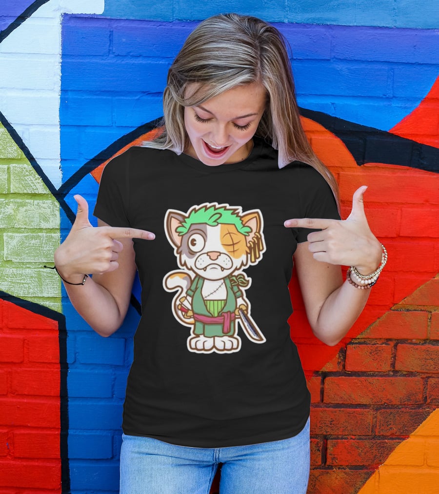 Roronoa Lingling Cat Pirate Anime Character Sword Green Hair Eye Patch T-Shirt