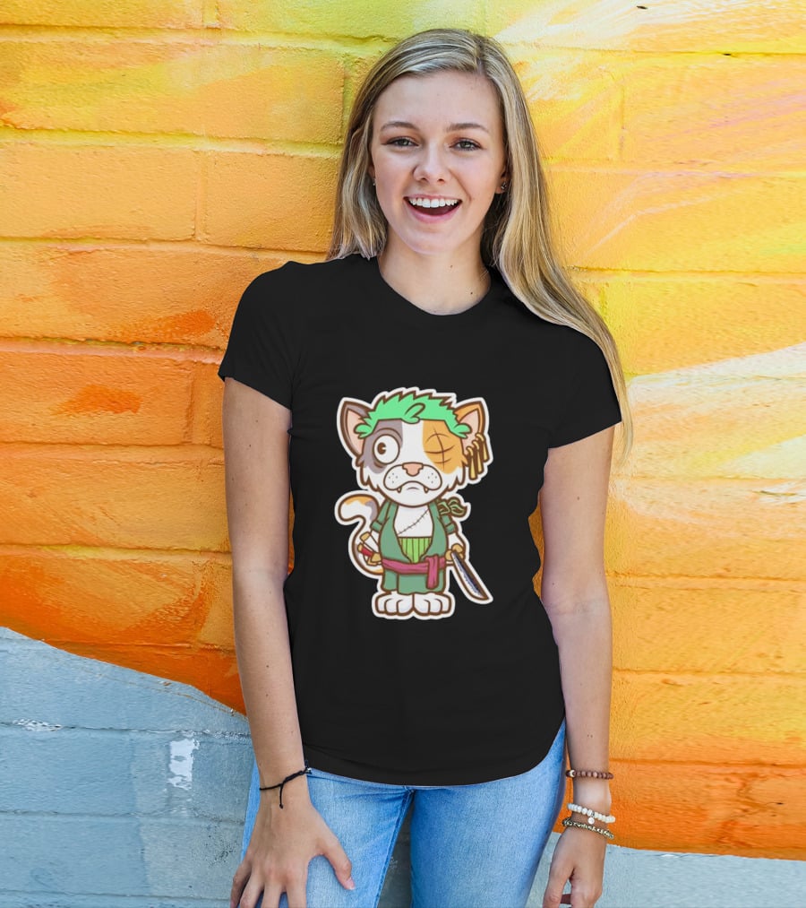 Roronoa Lingling Cat Pirate Anime Character Sword Green Hair Eye Patch T-Shirt