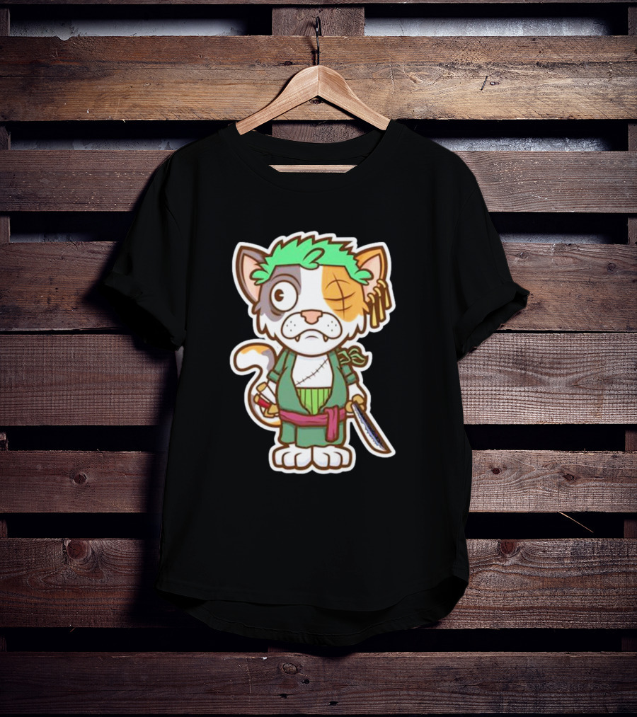 Roronoa Lingling Cat Pirate Anime Character Sword Green Hair Eye Patch T-Shirt