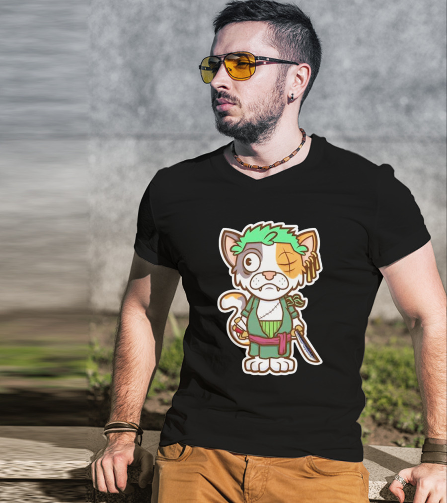 Roronoa Lingling Cat Pirate Anime Character Sword Green Hair Eye Patch T-Shirt