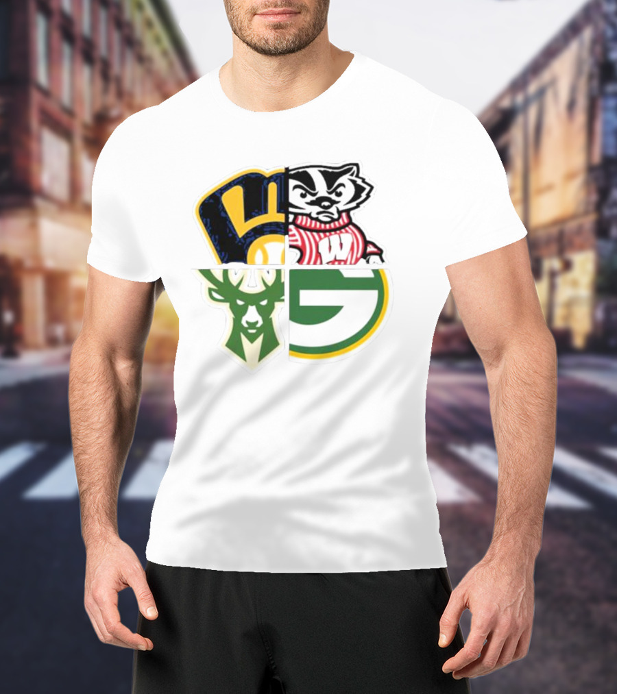 Milwaukee Brewers Packers Badgers Bucks Wisconsin Sports Quad T-Shirt
