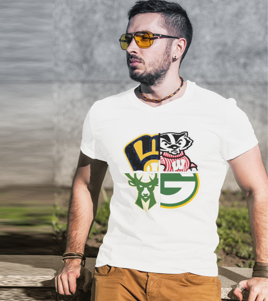 Milwaukee Brewers Packers Badgers Bucks Wisconsin Sports Quad T-Shirt