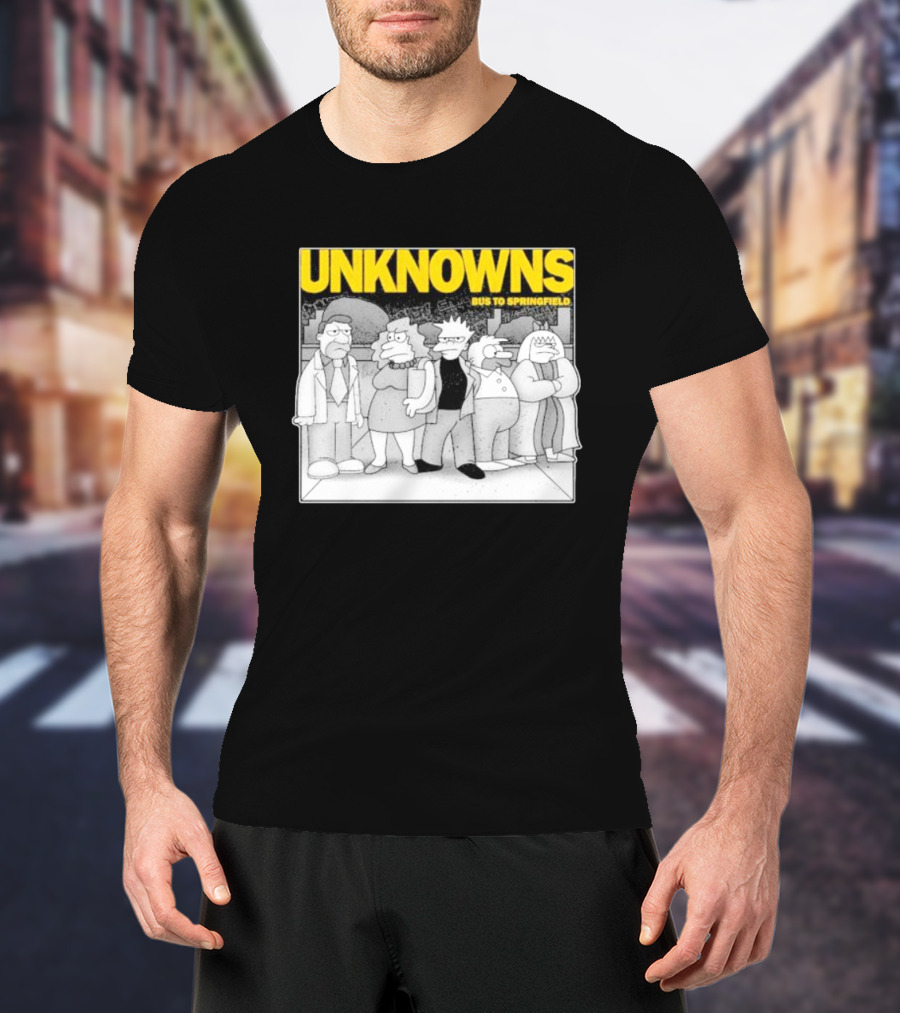 Unknowns Bus To Springfield Cartoon Characters In Black And White Scene T-Shirt