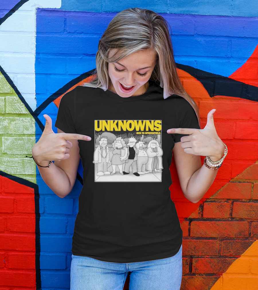 Unknowns Bus To Springfield Cartoon Characters In Black And White Scene T-Shirt