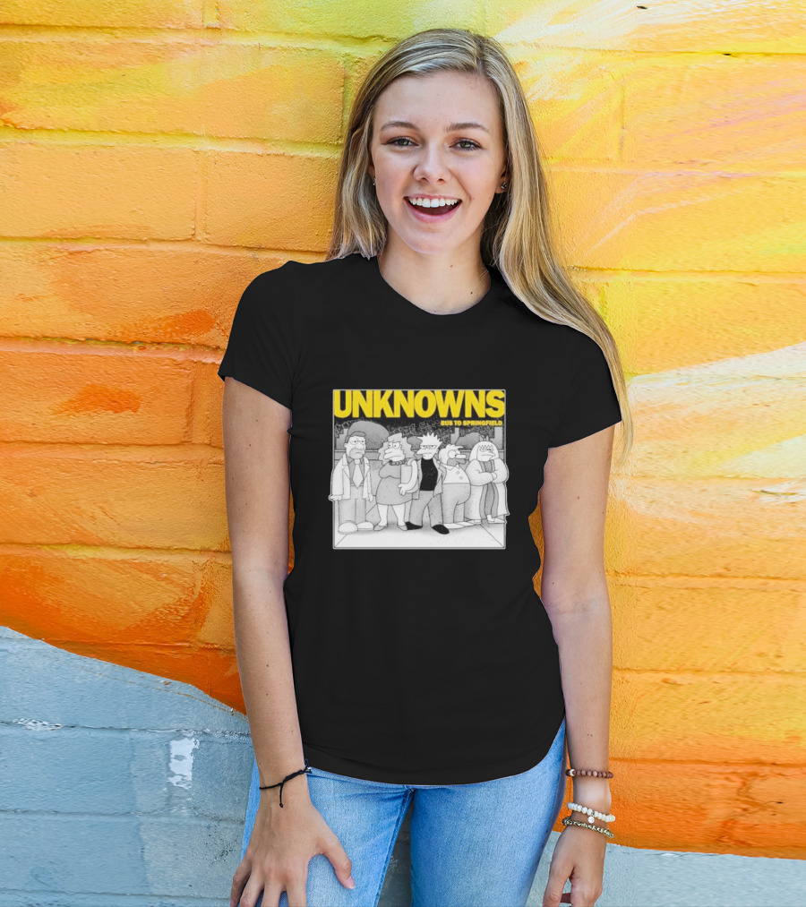 Unknowns Bus To Springfield Cartoon Characters In Black And White Scene T-Shirt