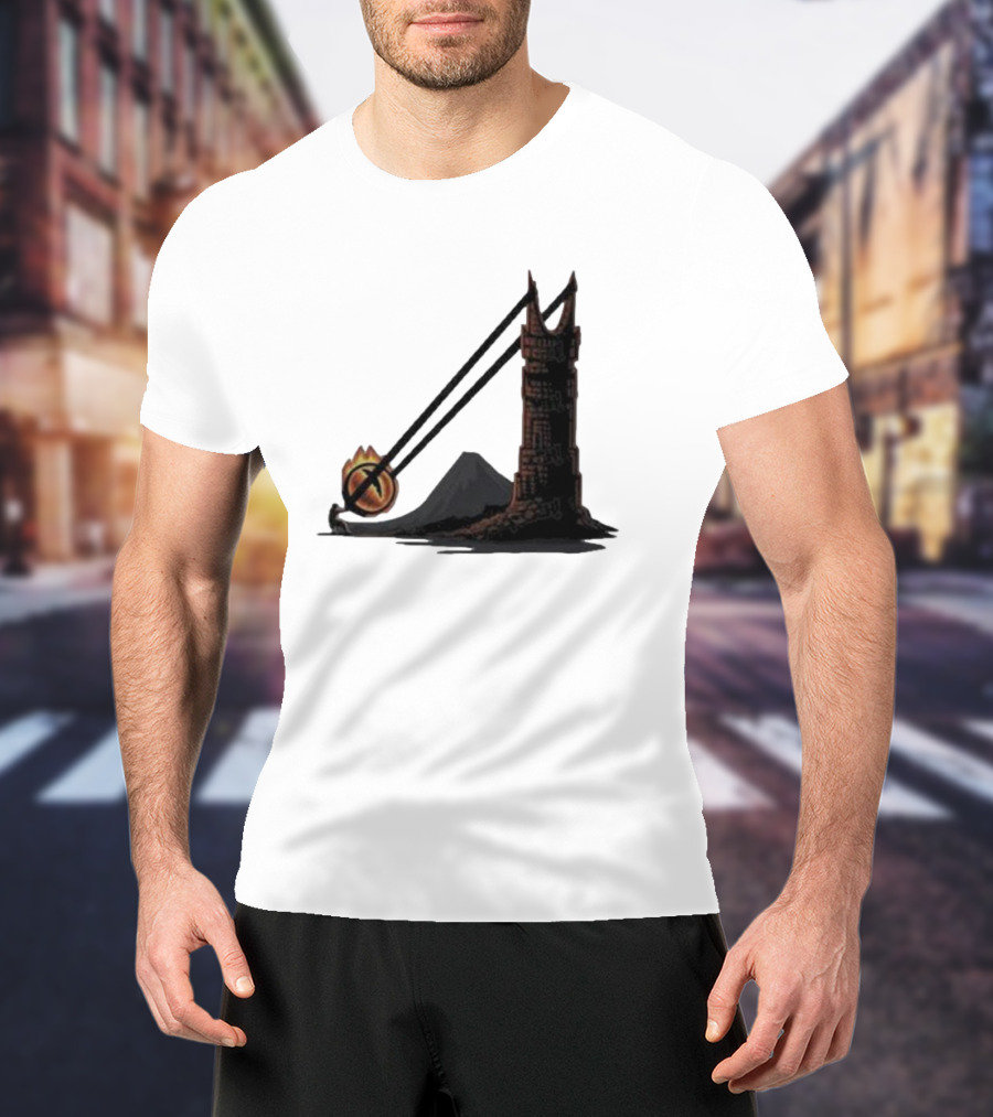 Dark Slingshot Eye Tower With Mountain In Background T-Shirt