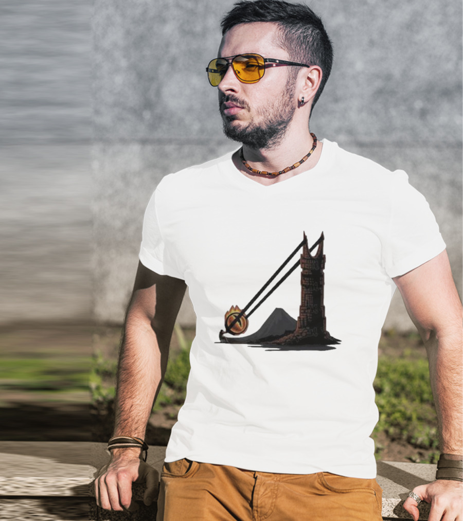 Dark Slingshot Eye Tower With Mountain In Background T-Shirt