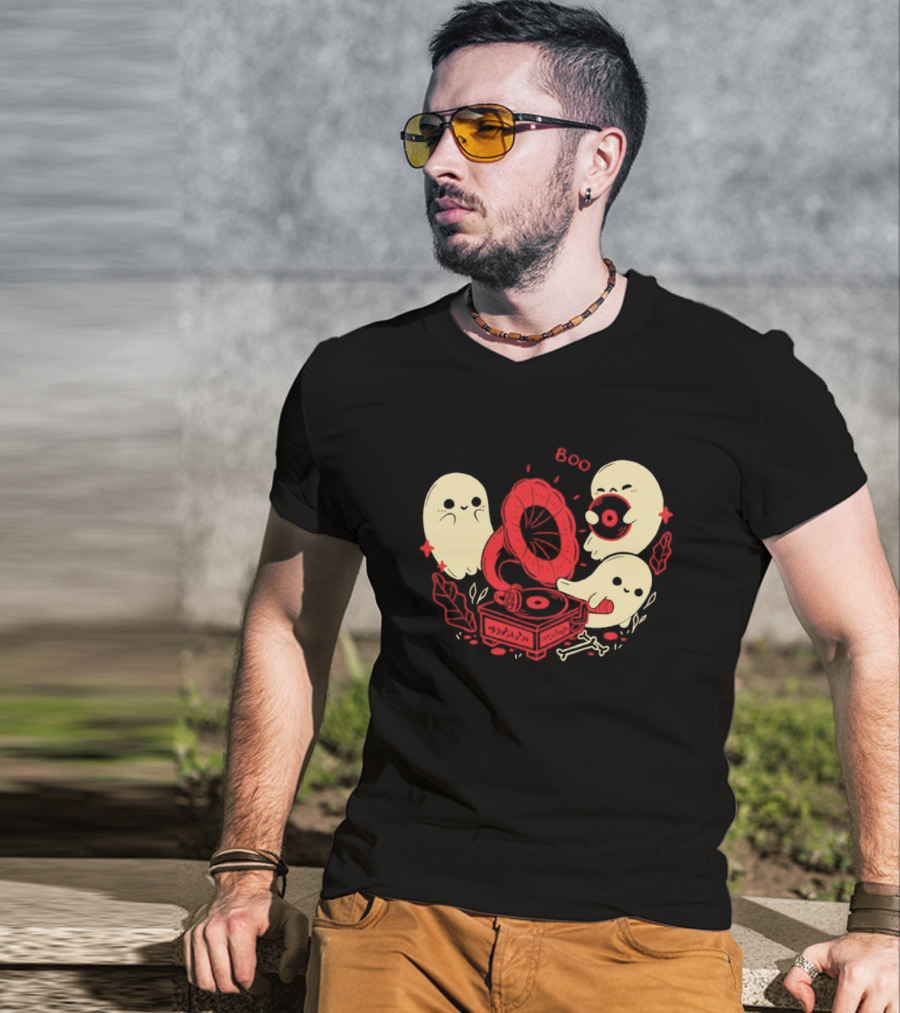 Boo Cute Gramophone Record Spooky Ghosts T-Shirt
