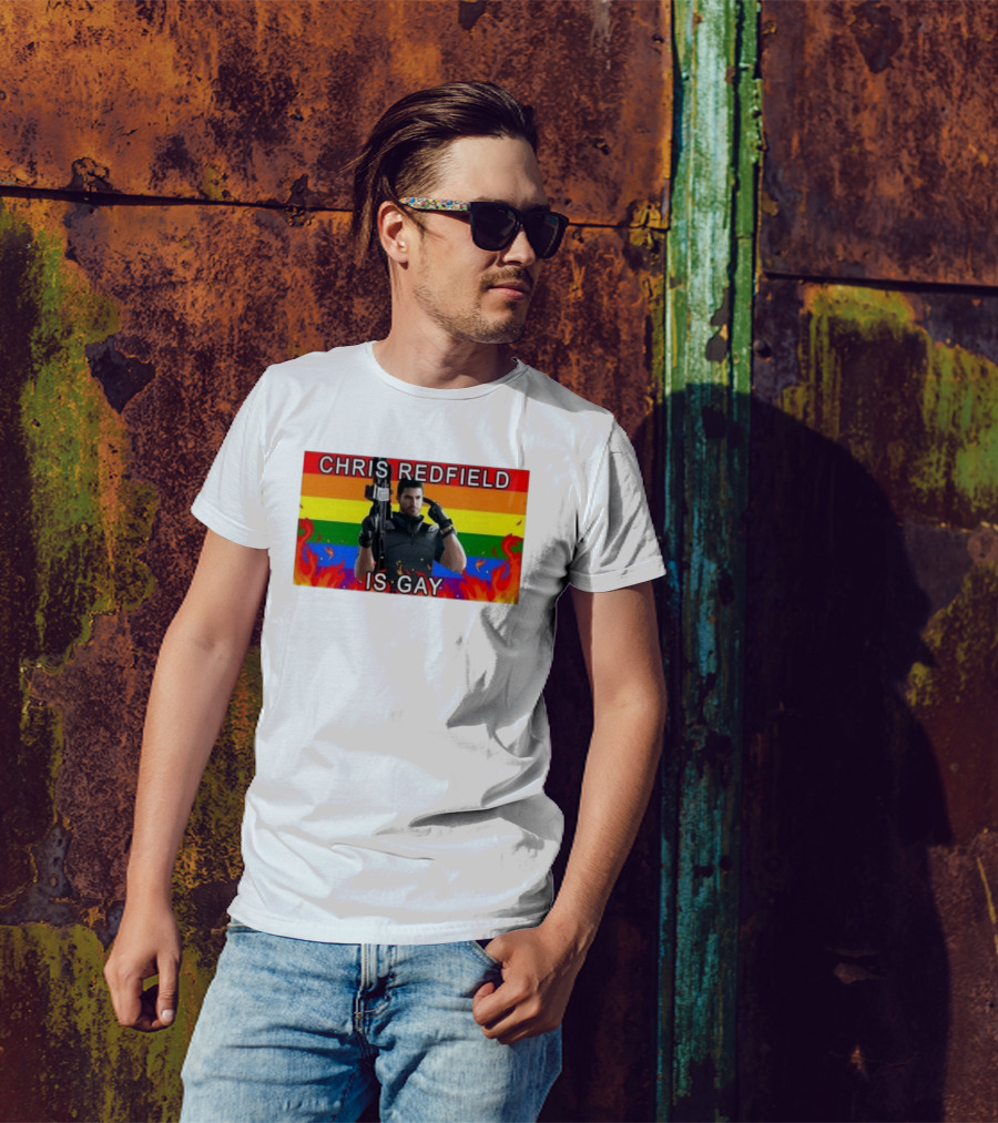 Chris Redfield Is Gay Rainbow Background Flames T-Shirt