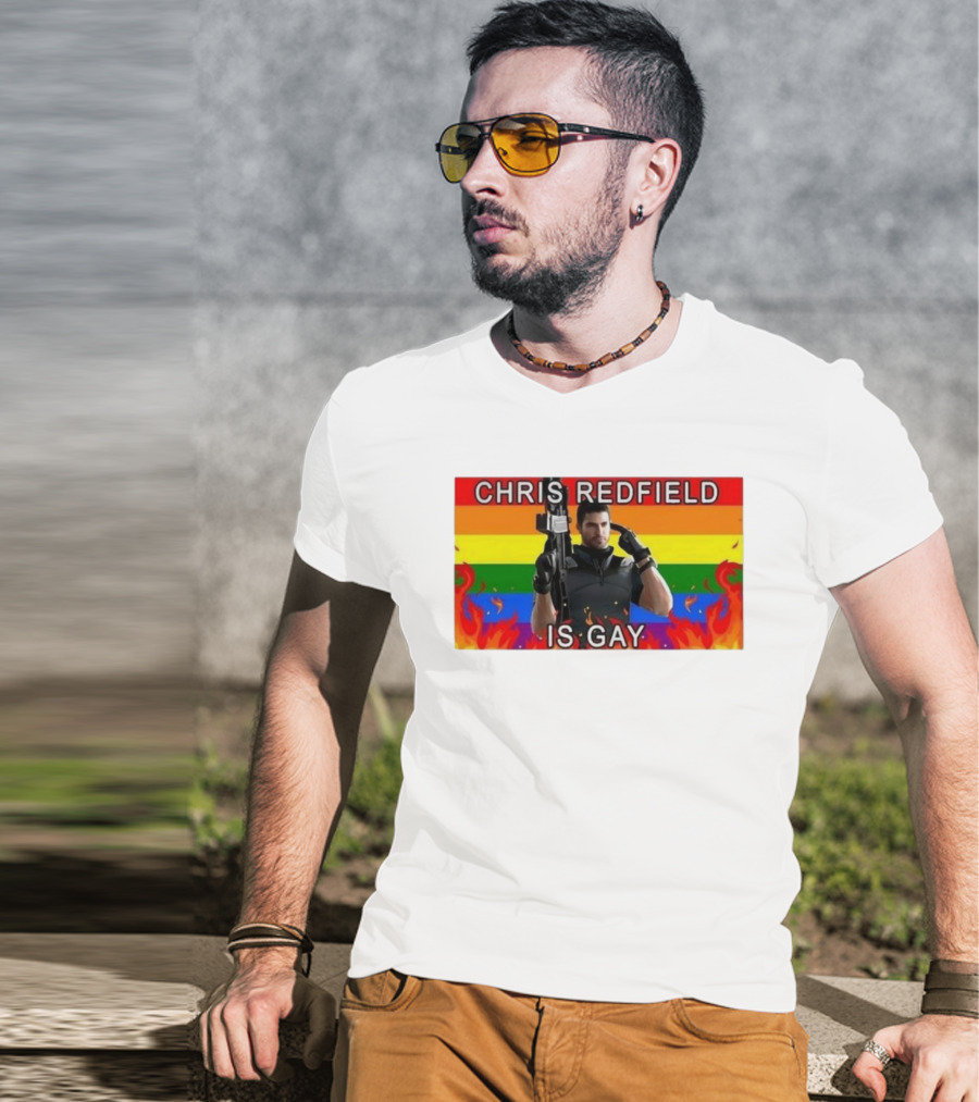 Chris Redfield Is Gay Rainbow Background Flames T-Shirt