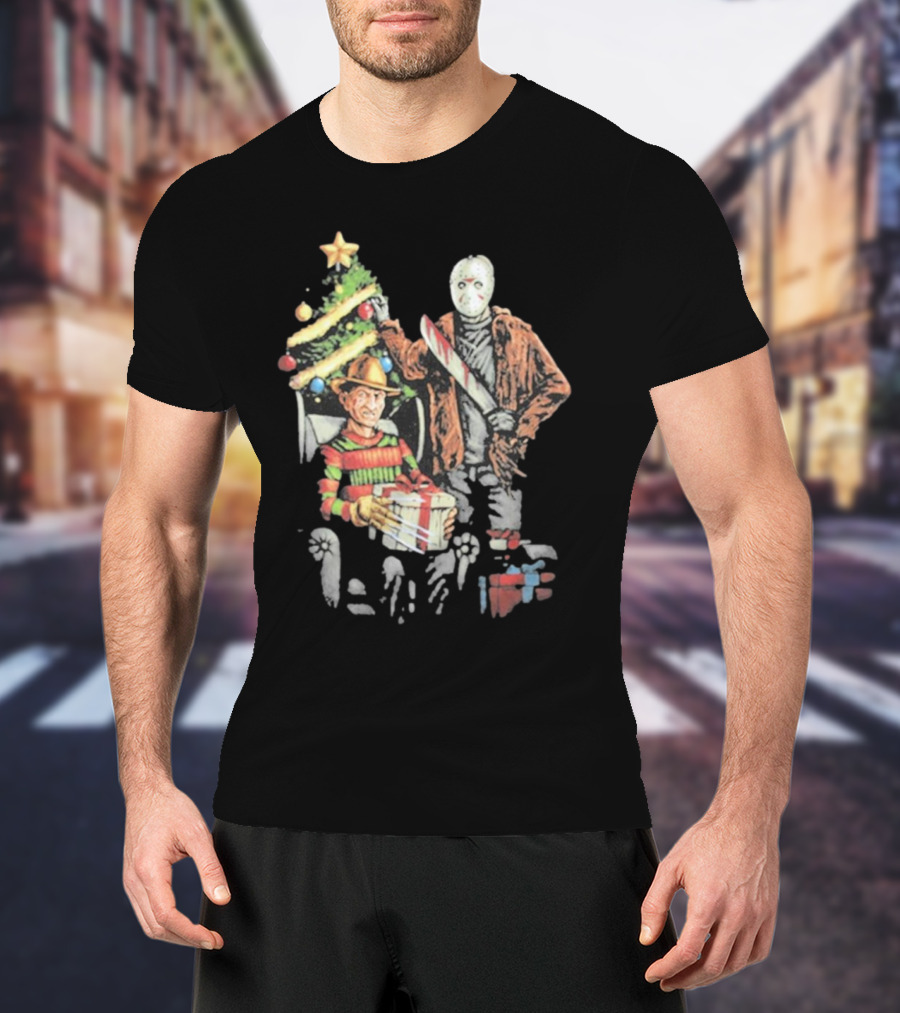 Jason Voorhees Freddy Krueger Christmas Horror Icons Holiday Scene T-Shirt