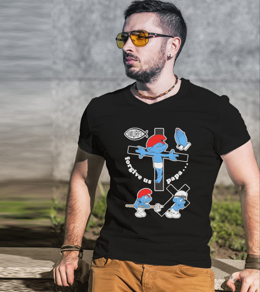Forgive Us Papa Smurf Jesus Cross And Praying Hands T-Shirt