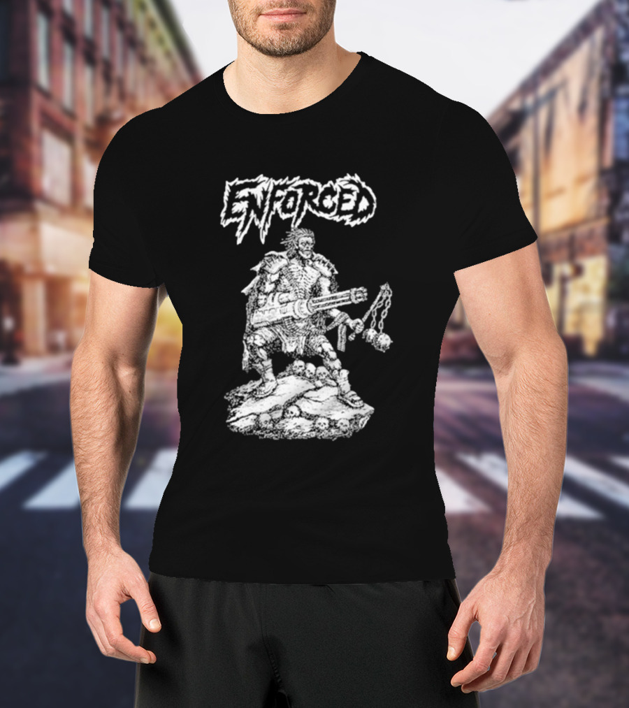 Enforced Sacrament Warrior With Spiked Chains And Machine Gun On Skull Mound T-Shirt