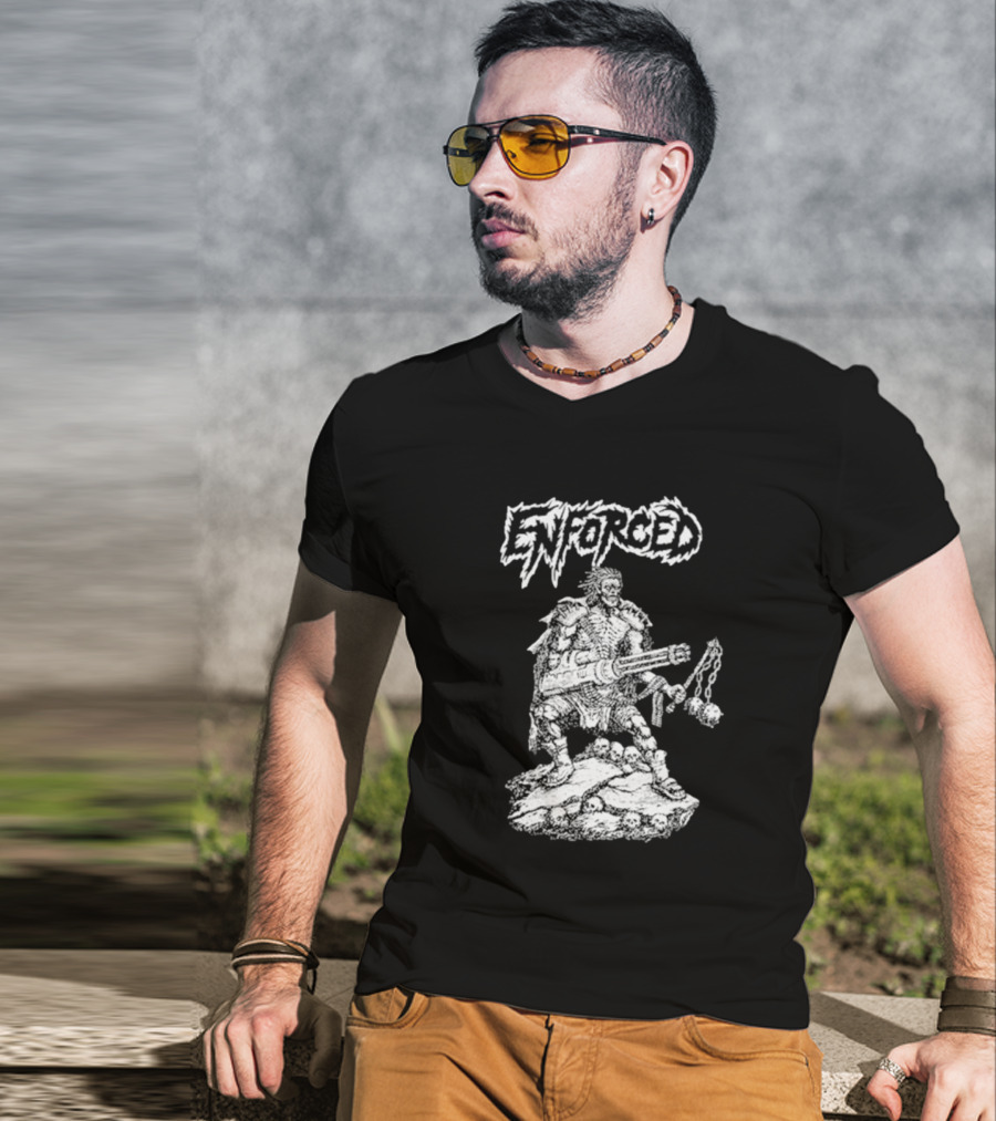 Enforced Sacrament Warrior With Spiked Chains And Machine Gun On Skull Mound T-Shirt