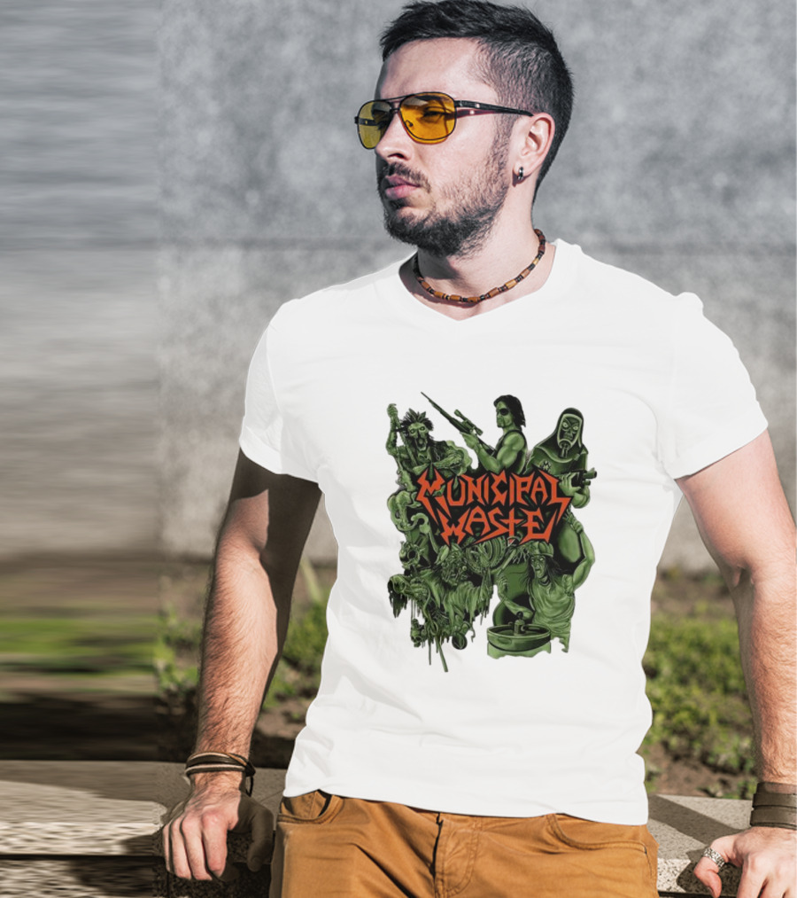 Municipal Waste Zombie Collage With Gas Masks And Weapons T-Shirt