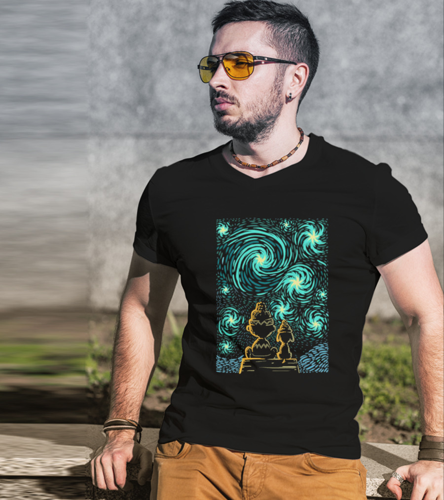 Peanuts Snoopy And Charlie Brown Starry Winter Night Scene T-Shirt