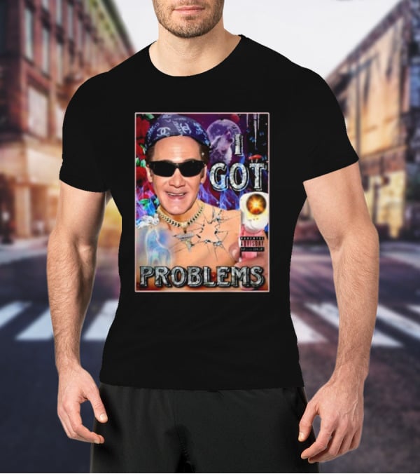 The Jersey Outlaw I Got Problems Colorful Portrait With Sunglasses And Explosive Background T-Shirt