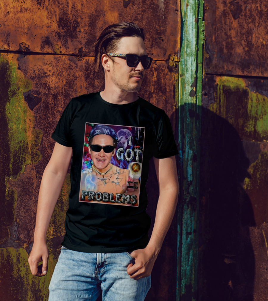The Jersey Outlaw I Got Problems Colorful Portrait With Sunglasses And Explosive Background T-Shirt