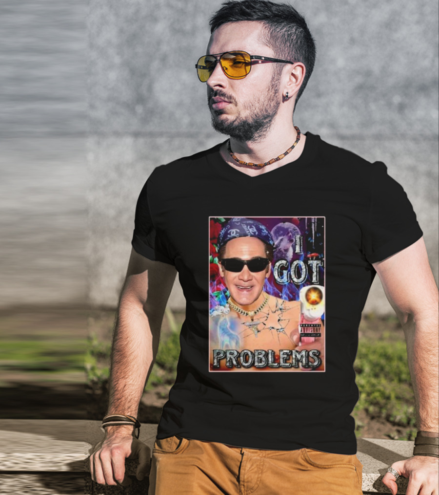 The Jersey Outlaw I Got Problems Colorful Portrait With Sunglasses And Explosive Background T-Shirt
