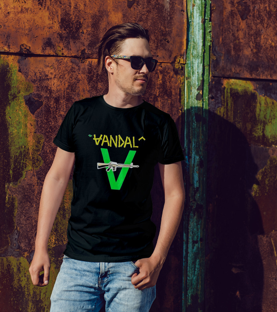 The Vandals Yellow Text Green V Rifle Image T-Shirt