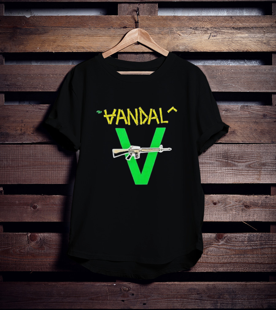 The Vandals Yellow Text Green V Rifle Image T-Shirt