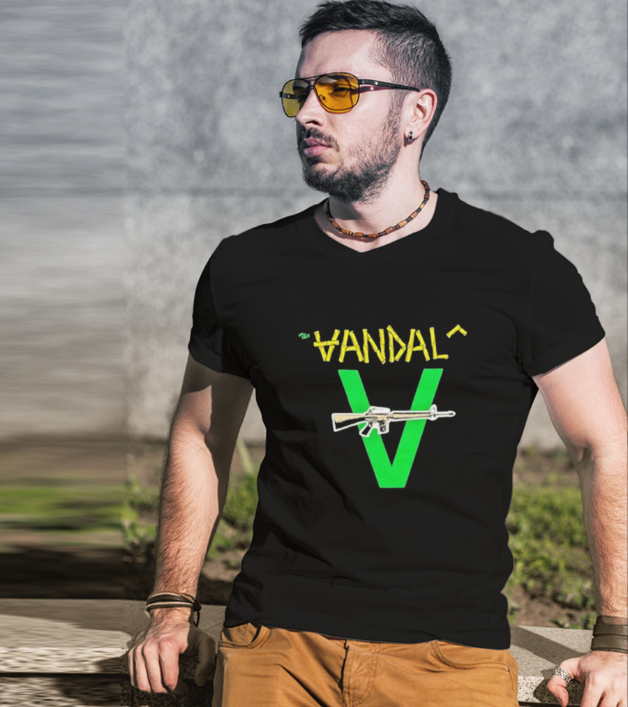 The Vandals Yellow Text Green V Rifle Image T-Shirt