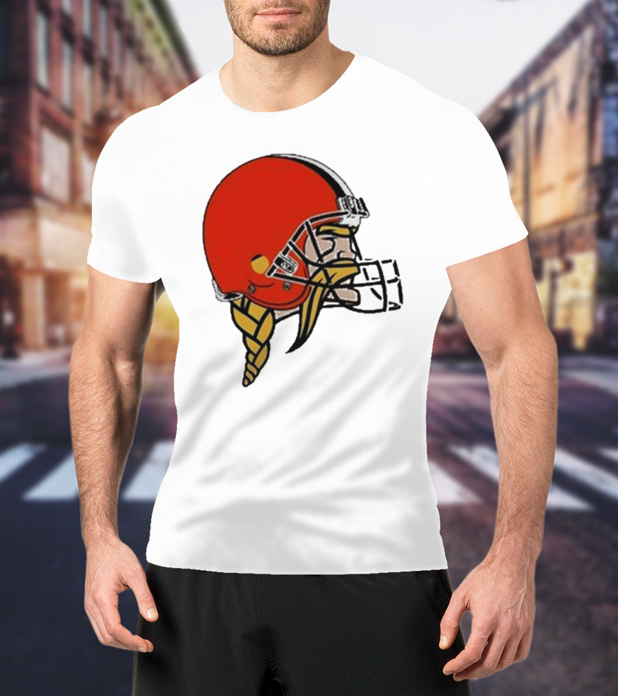 Quality Jay Cuda Browns Vikings Dual Logo Helmet T-Shirt