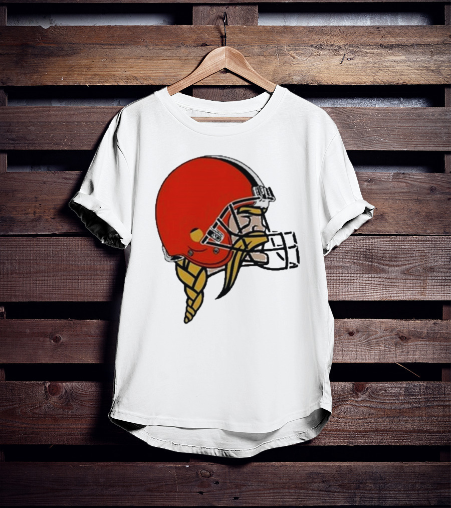 Quality Jay Cuda Browns Vikings Dual Logo Helmet T-Shirt