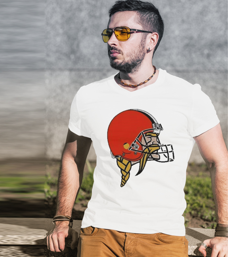 Quality Jay Cuda Browns Vikings Dual Logo Helmet T-Shirt