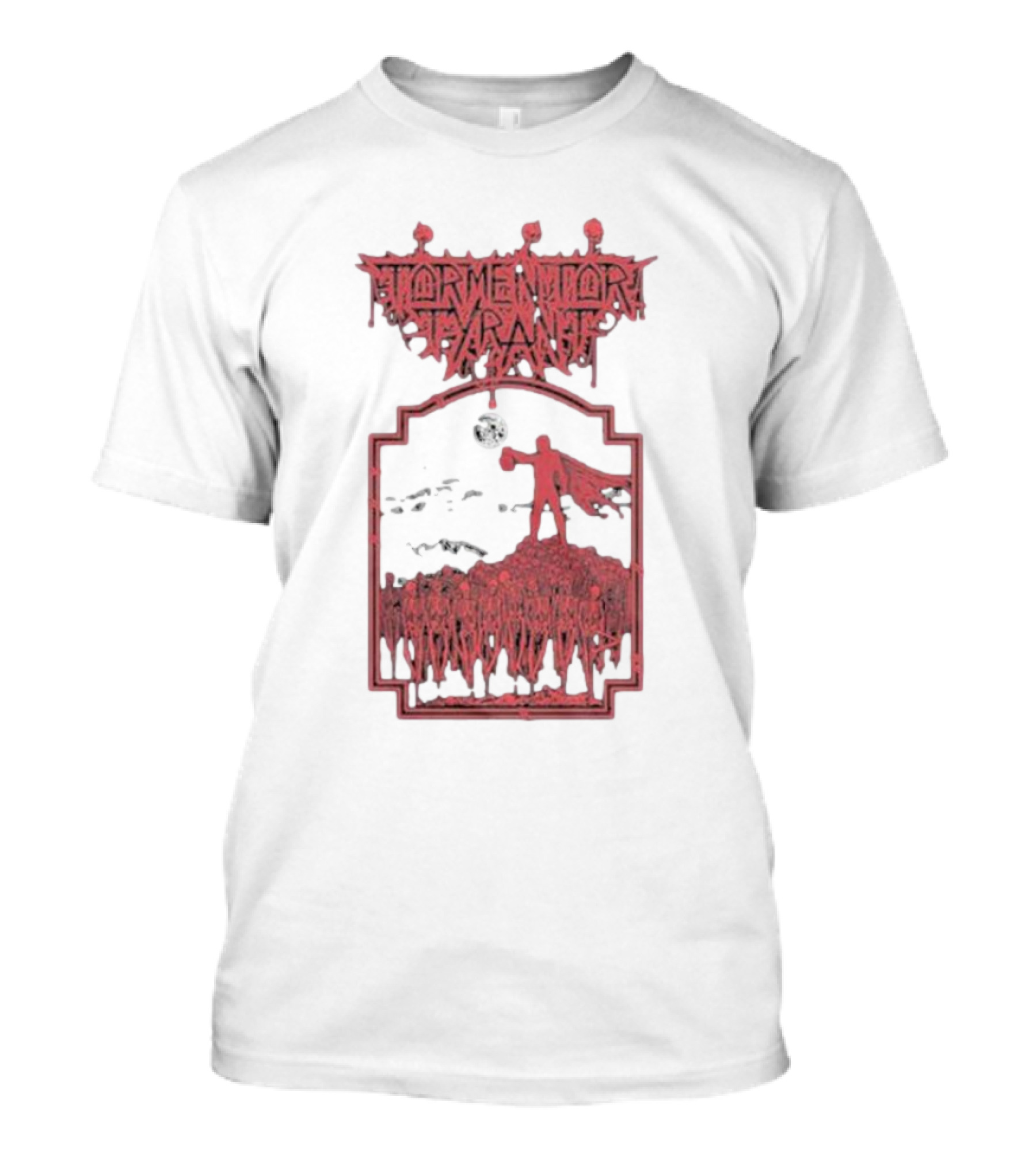 Tormentor Tyrant Red Figure Standing Amidst Crowd Under Moon T-Shirt