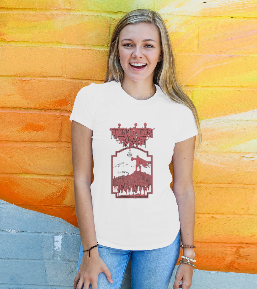 Tormentor Tyrant Red Figure Standing Amidst Crowd Under Moon T-Shirt
