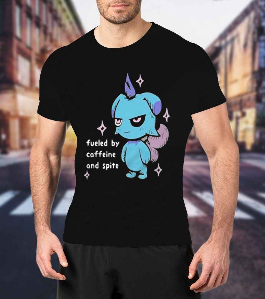 Palworld Fueled By Caffeine And Spite Blue Creature With Pink Stars T-Shirt