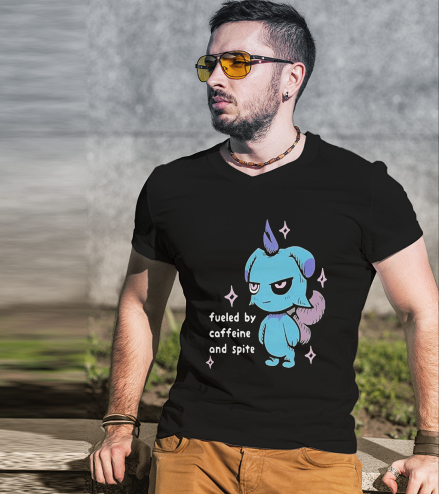 Palworld Fueled By Caffeine And Spite Blue Creature With Pink Stars T-Shirt