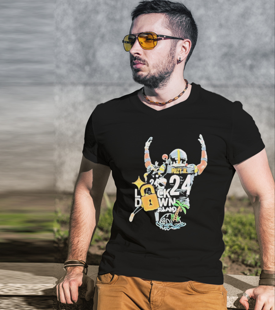 Peezy Jr 24 Lock Down Island Football Celebration With Palm Tree And Lock T-Shirt