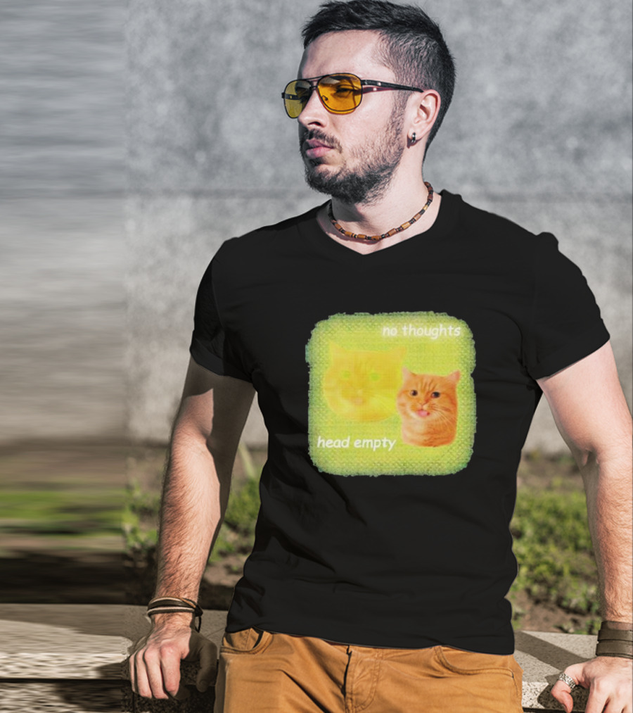 No Thoughts Head Empty Cat Meme Green Background T-Shirt