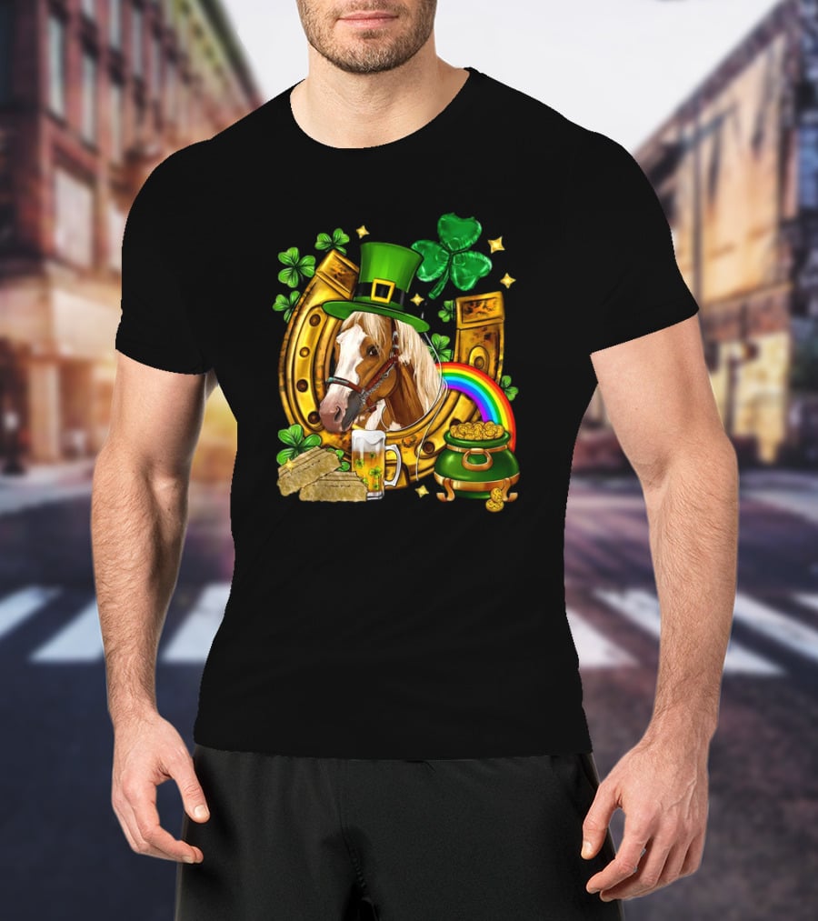 Horse Luck Gold Leprechaun Hat Shamrock Horseshoe Pot Of Gold Rainbow T-Shirt