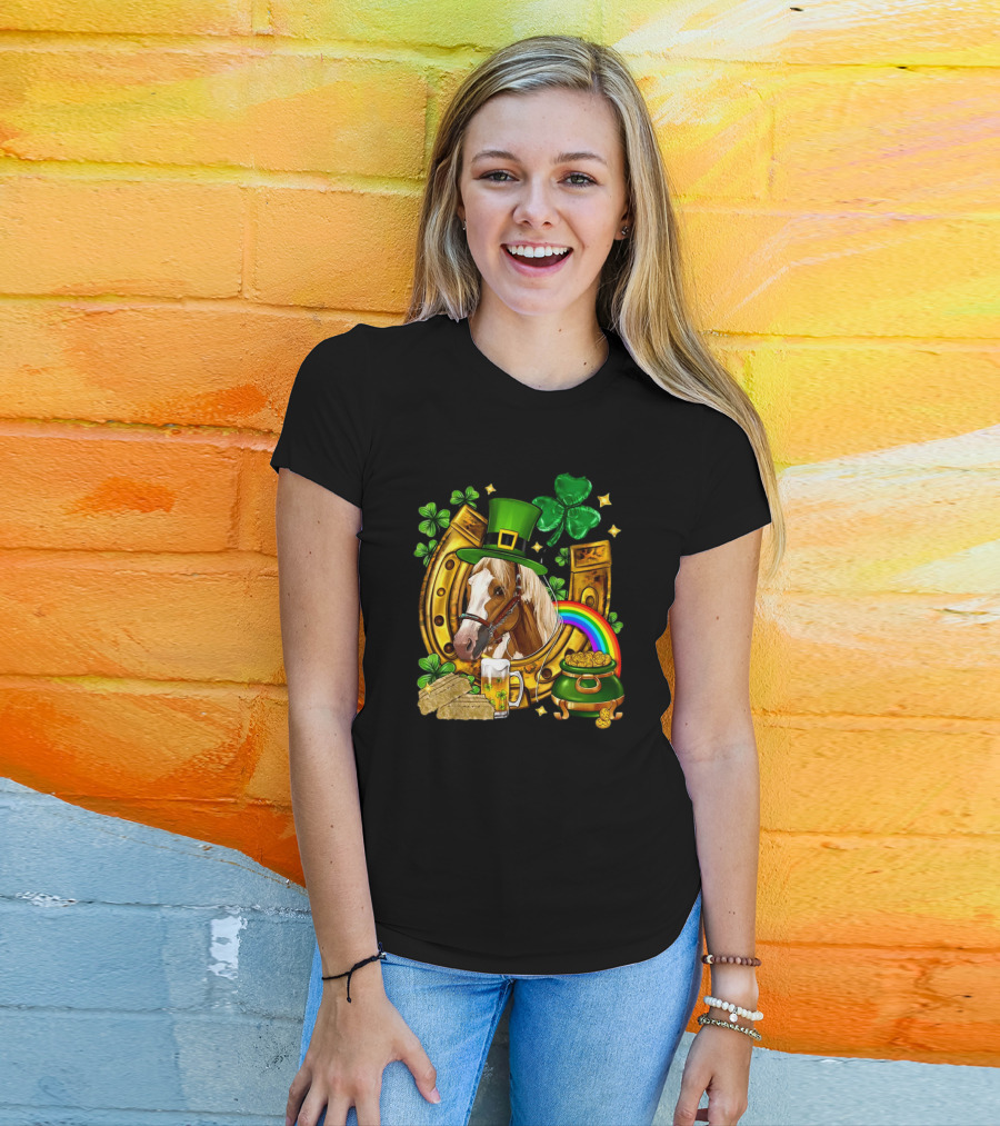 Horse Luck Gold Leprechaun Hat Shamrock Horseshoe Pot Of Gold Rainbow T-Shirt