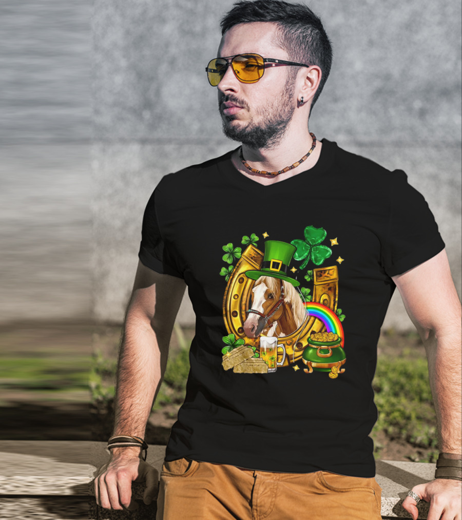 Horse Luck Gold Leprechaun Hat Shamrock Horseshoe Pot Of Gold Rainbow T-Shirt